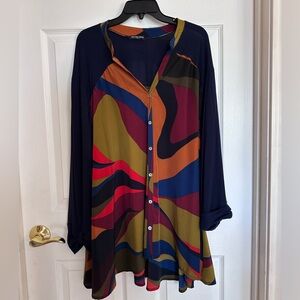 CHA CHA VENTE size 3X MIXED FABRIC BLOUSE MULTI PRINT SOLID KNIT SLEEVES